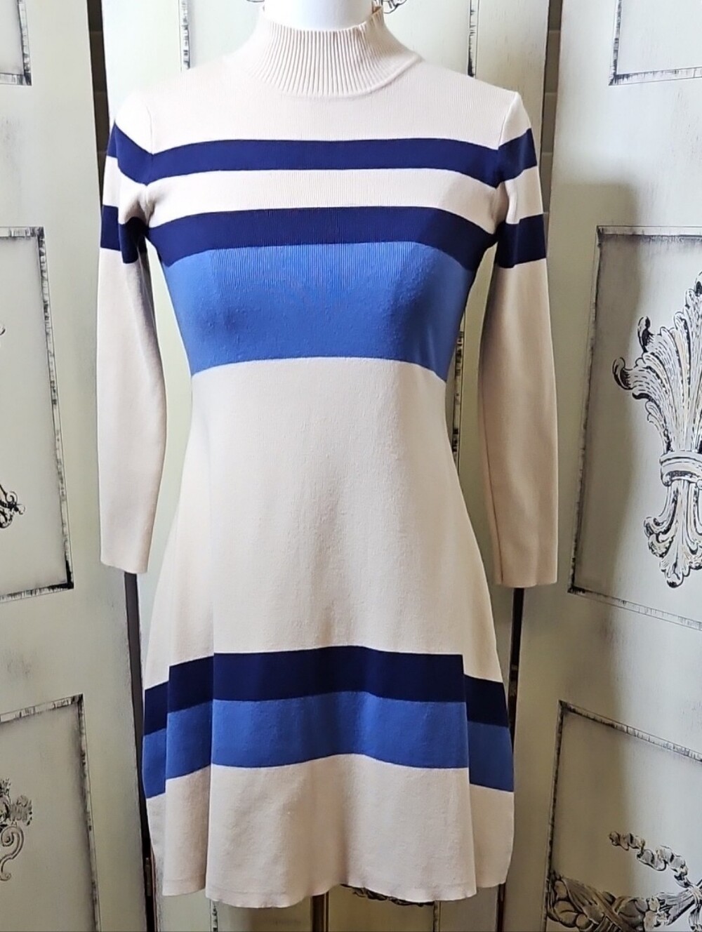CACHEECACHEE STRIPED KNIT & FLARE MOCK NECK SWEATER DRESS,FRENCH FASHION,PREPPY